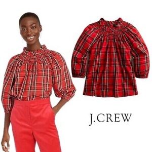 J.Crew Red and Black Plaid Smocked Blouse